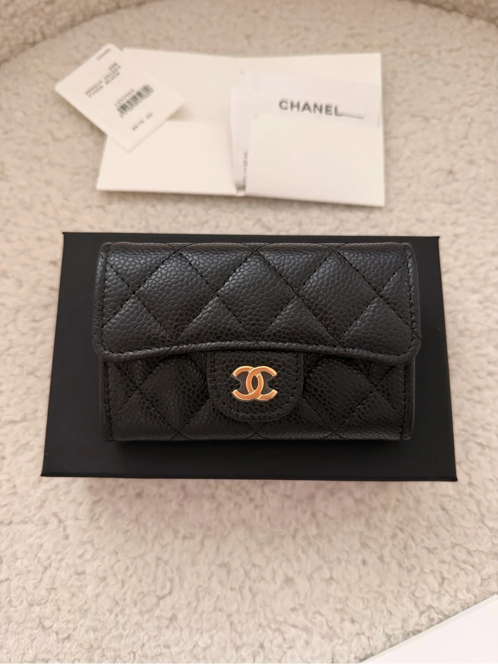 CHANEL Black Quilted Pebbled Leather Card holder Wallet with Gold CC brand new